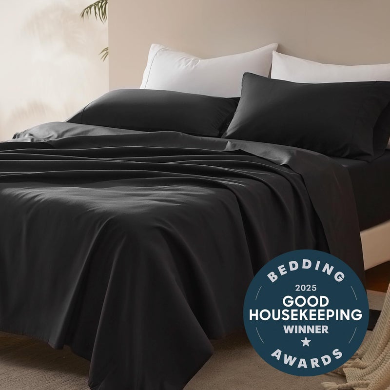 SLEEP ZONE Nanotex Super Soft Cooling King Bed Sheets Set 4 Piece - Easy Care Fitted Flat Sheet & Pillowcase Sets - Wrinkle Free, Fade Resistant, Deep Pocket 16" (Black, King) - Image 2